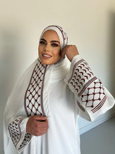 Olive Palestinian Abaya -White and Brown - U.A.E