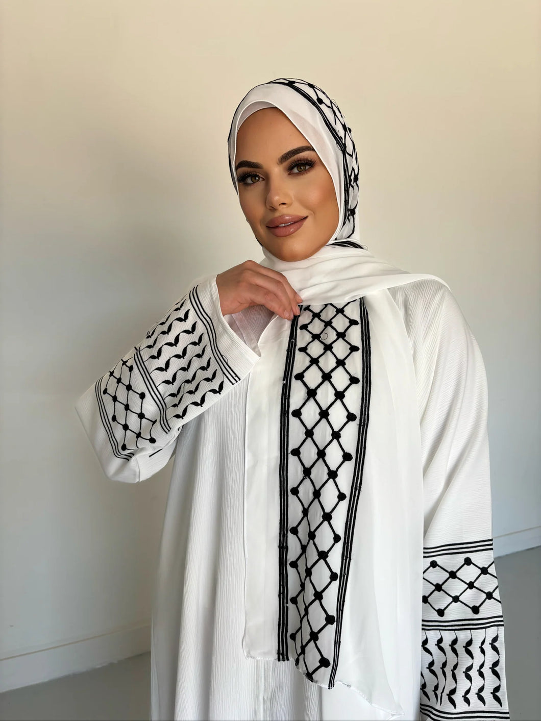 Olive Palestinian Abaya -White and Black - U.A.E